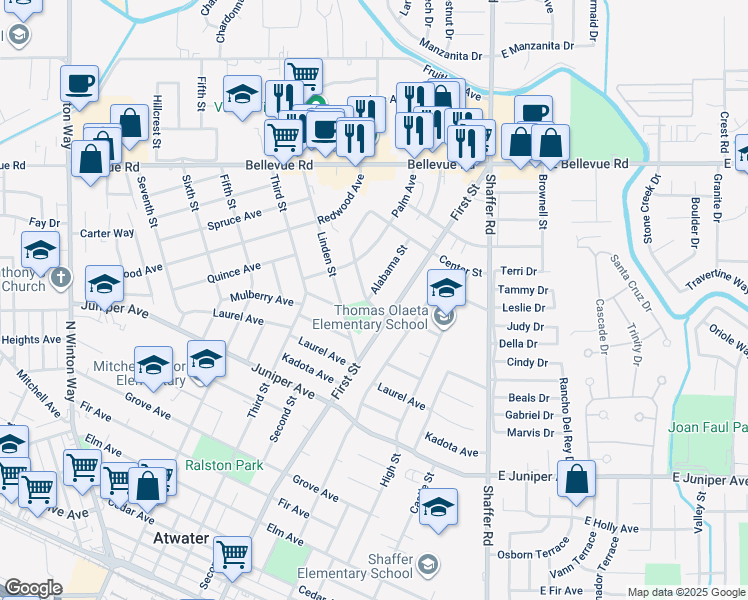 map of restaurants, bars, coffee shops, grocery stores, and more near Alabama Street in Atwater