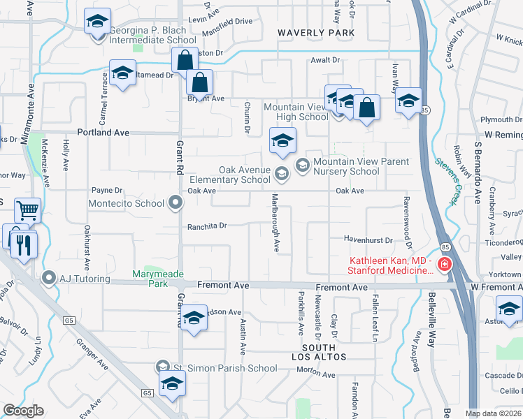 map of restaurants, bars, coffee shops, grocery stores, and more near 1452 Marlbarough Court in Los Altos