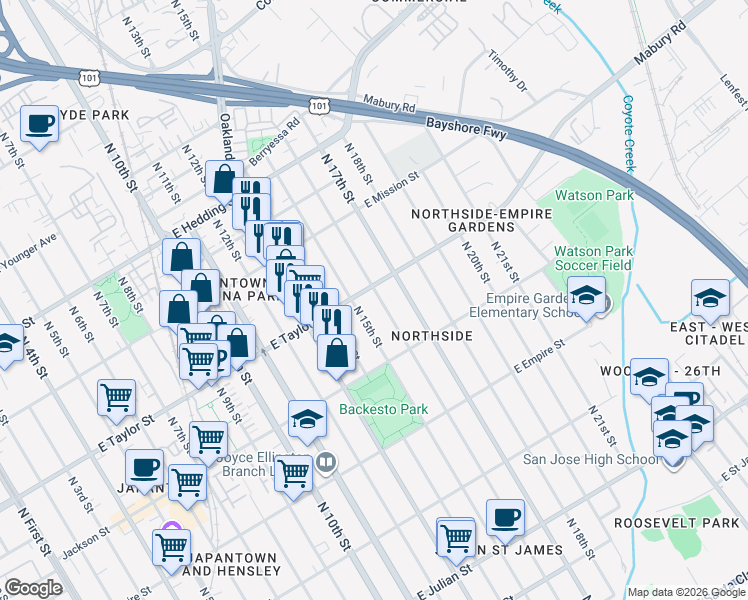 map of restaurants, bars, coffee shops, grocery stores, and more near 689 North 16th Street in San Jose