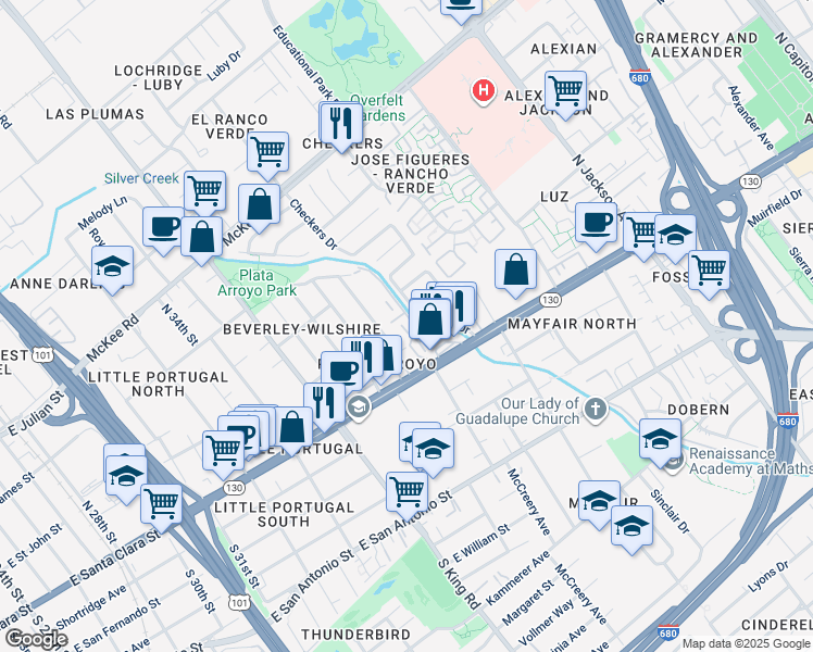 map of restaurants, bars, coffee shops, grocery stores, and more near 67 Silcreek Drive in San Jose