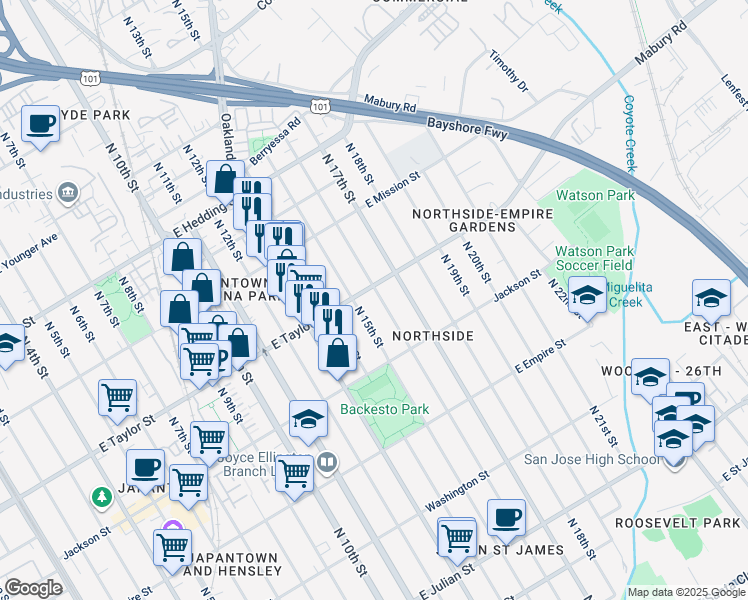 map of restaurants, bars, coffee shops, grocery stores, and more near 689 North 16th Street in San Jose