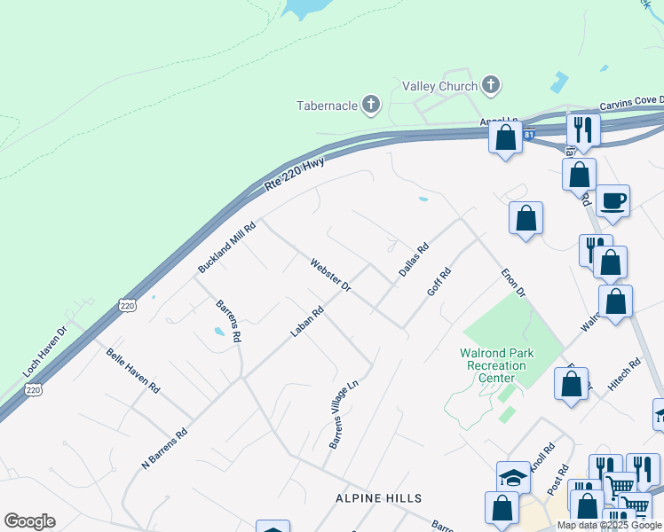 map of restaurants, bars, coffee shops, grocery stores, and more near 8225 Webster Drive in Roanoke