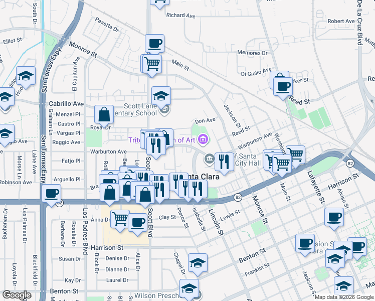 map of restaurants, bars, coffee shops, grocery stores, and more near 1802 Park Vista Circle in Santa Clara