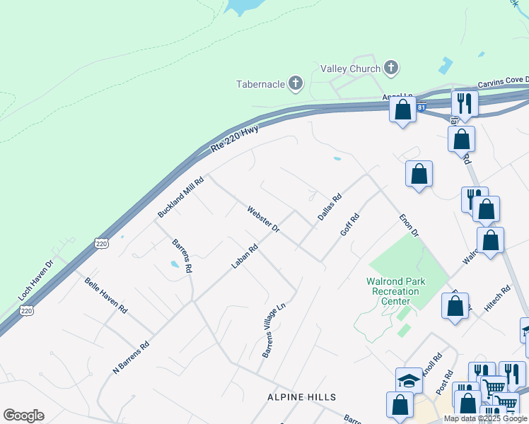 map of restaurants, bars, coffee shops, grocery stores, and more near 8225 Webster Drive in Roanoke