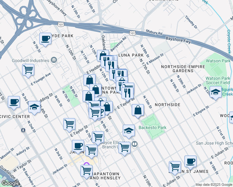map of restaurants, bars, coffee shops, grocery stores, and more near 756 North 12th Street in San Jose