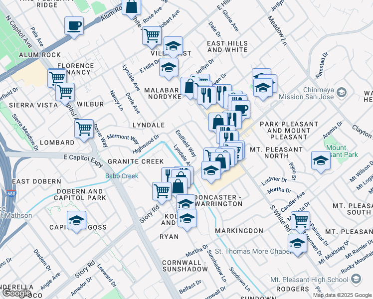 map of restaurants, bars, coffee shops, grocery stores, and more near 10111 Endfield Way in San Jose