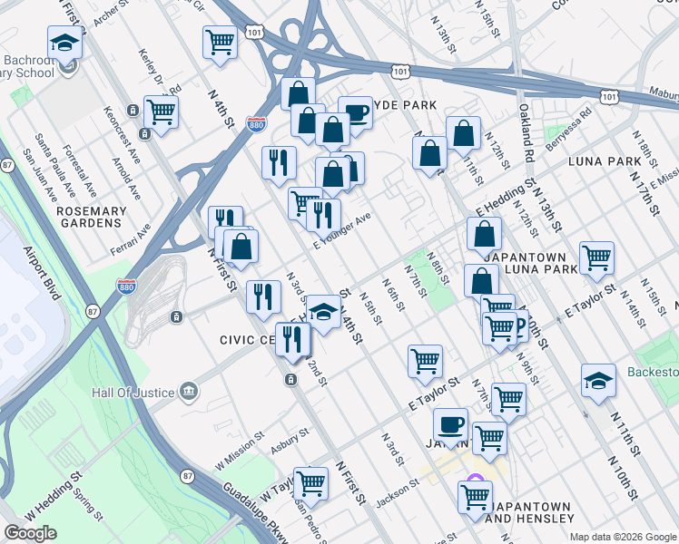 map of restaurants, bars, coffee shops, grocery stores, and more near 947 North 5th Street in San Jose
