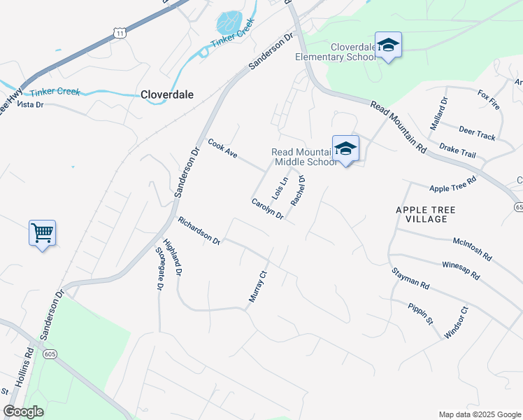 map of restaurants, bars, coffee shops, grocery stores, and more near 56 Carolyn Drive in Roanoke