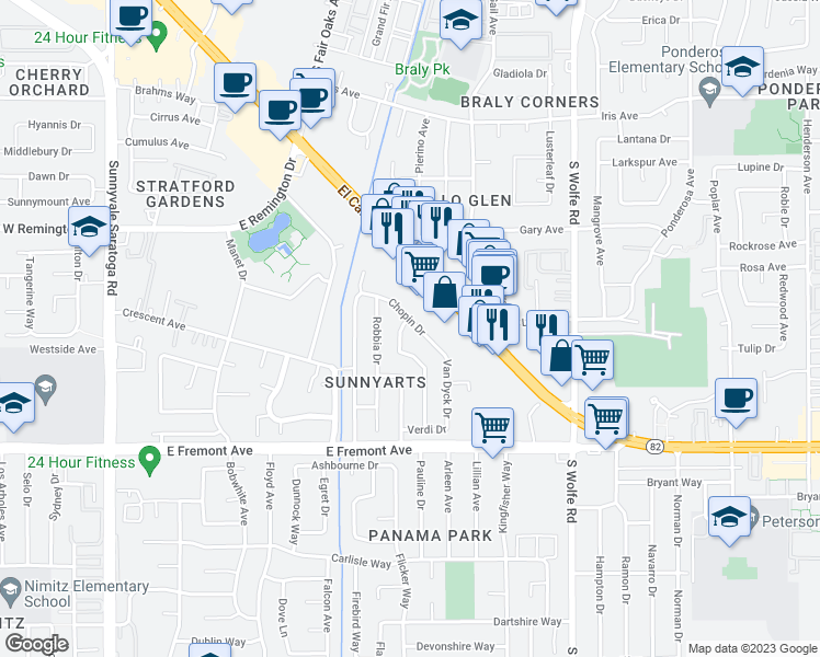 map of restaurants, bars, coffee shops, grocery stores, and more near 1056 Sargent Drive in Sunnyvale