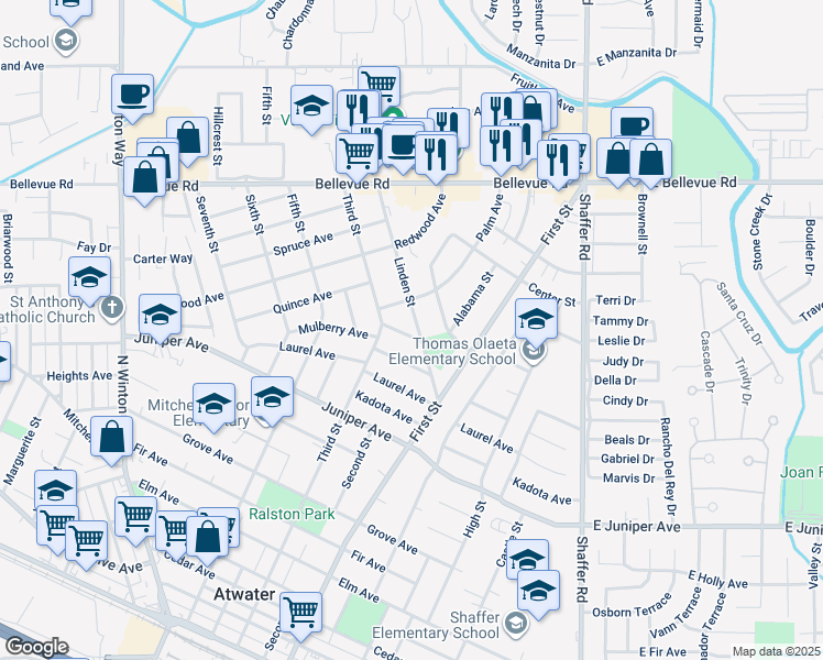 map of restaurants, bars, coffee shops, grocery stores, and more near 1105 Oak Avenue in Atwater