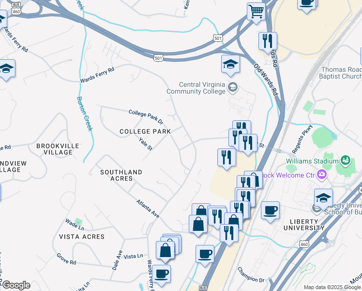 map of restaurants, bars, coffee shops, grocery stores, and more near 200 College Park Drive in Lynchburg