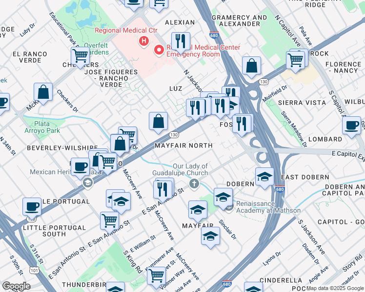 map of restaurants, bars, coffee shops, grocery stores, and more near 45 Vía De Guadalupe in San Jose