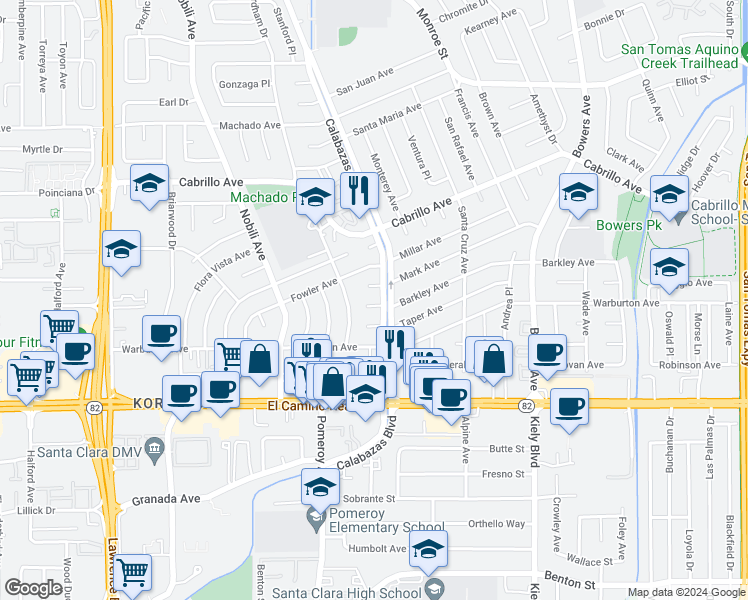 map of restaurants, bars, coffee shops, grocery stores, and more near 3169 Merced Court in Santa Clara
