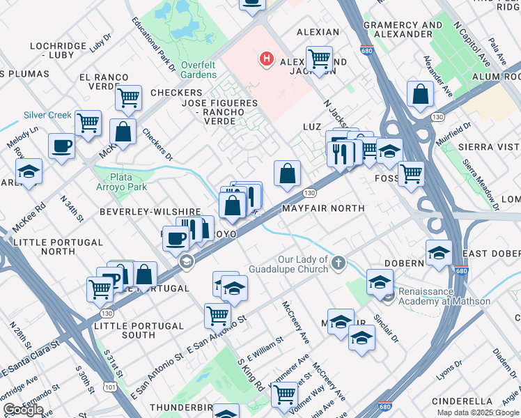 map of restaurants, bars, coffee shops, grocery stores, and more near 1991 Alum Rock Avenue in San Jose