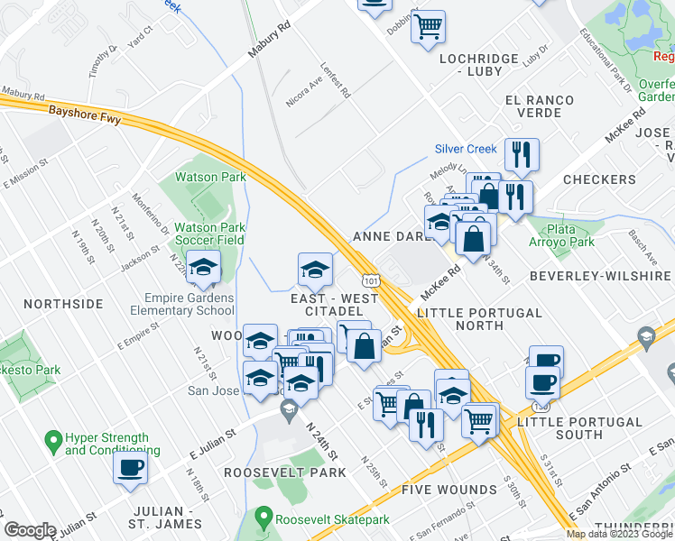 map of restaurants, bars, coffee shops, grocery stores, and more near 399 East Court in San Jose