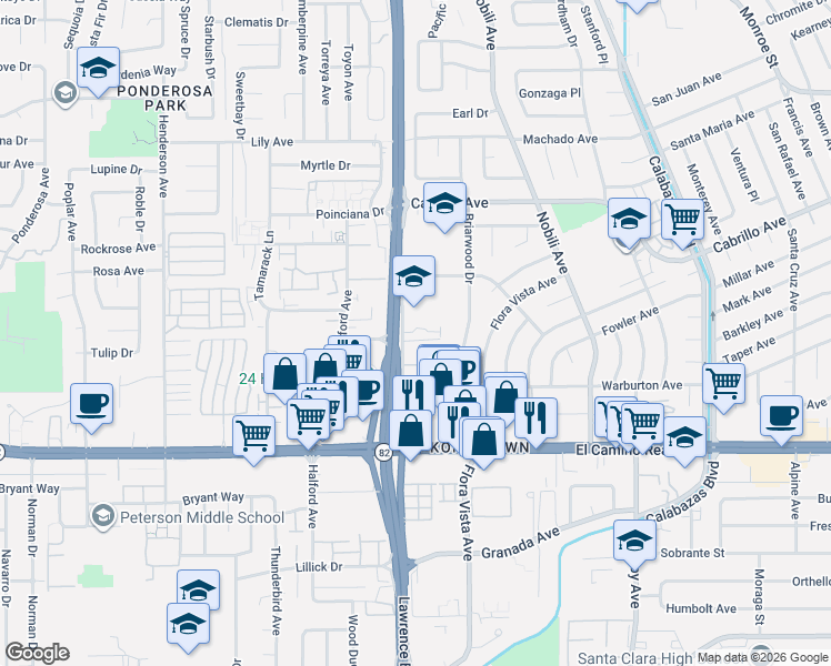 map of restaurants, bars, coffee shops, grocery stores, and more near 3580 Sunnydays Lane in Santa Clara