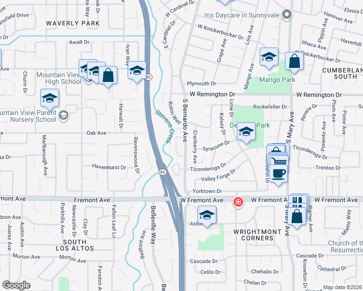 map of restaurants, bars, coffee shops, grocery stores, and more near 1186 South Bernardo Avenue in Sunnyvale