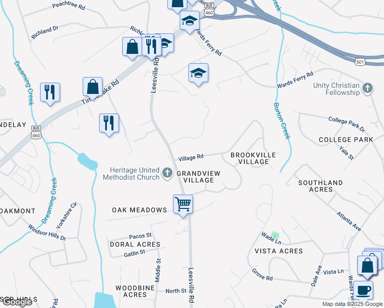 map of restaurants, bars, coffee shops, grocery stores, and more near 53 Village Road in Lynchburg