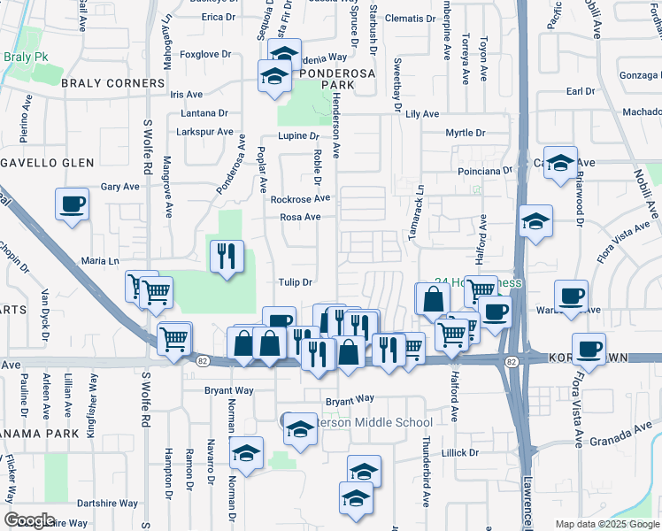 map of restaurants, bars, coffee shops, grocery stores, and more near 965 Henderson Avenue in Sunnyvale