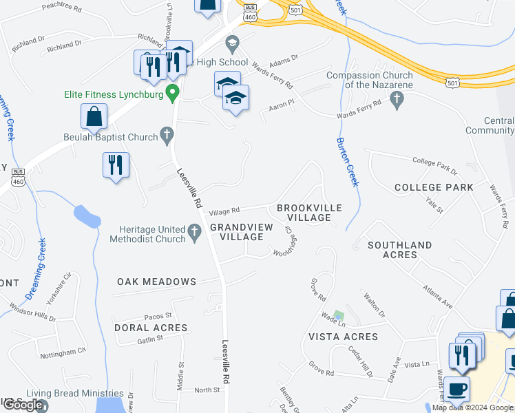 map of restaurants, bars, coffee shops, grocery stores, and more near 61 Village Road in Lynchburg