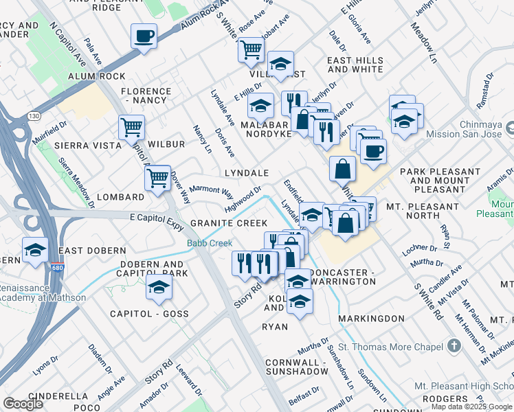 map of restaurants, bars, coffee shops, grocery stores, and more near 2873 Granite Creek Place in San Jose