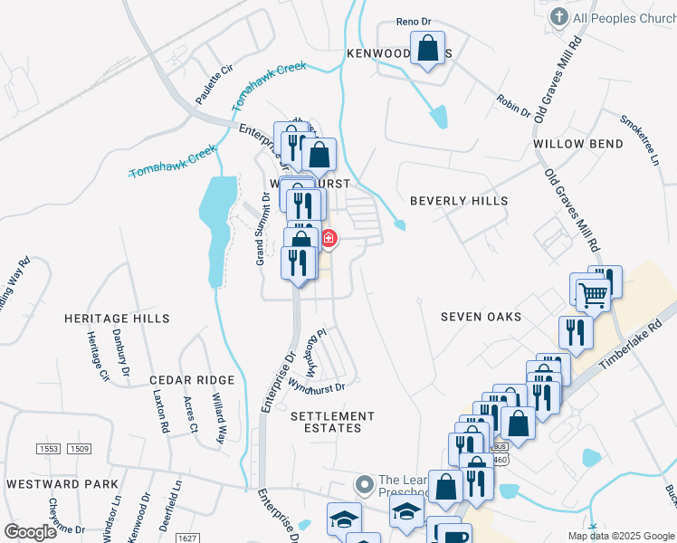 map of restaurants, bars, coffee shops, grocery stores, and more near 509 Wyndhurst Drive in Lynchburg