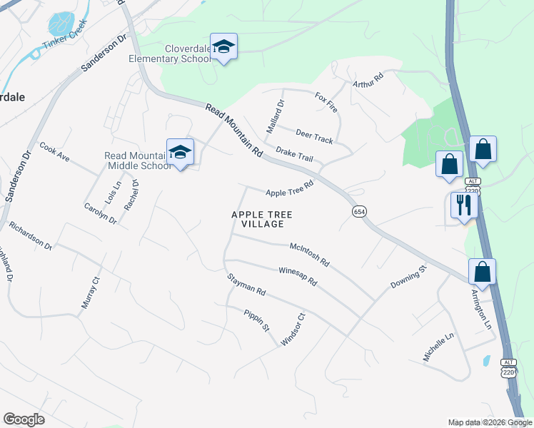 map of restaurants, bars, coffee shops, grocery stores, and more near 95 Grimes Street in Roanoke