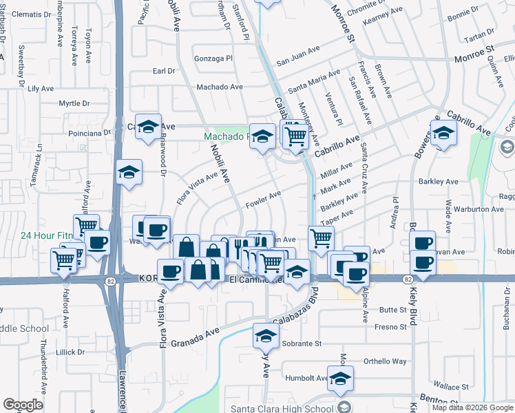 map of restaurants, bars, coffee shops, grocery stores, and more near 3334 Fowler Avenue in Santa Clara