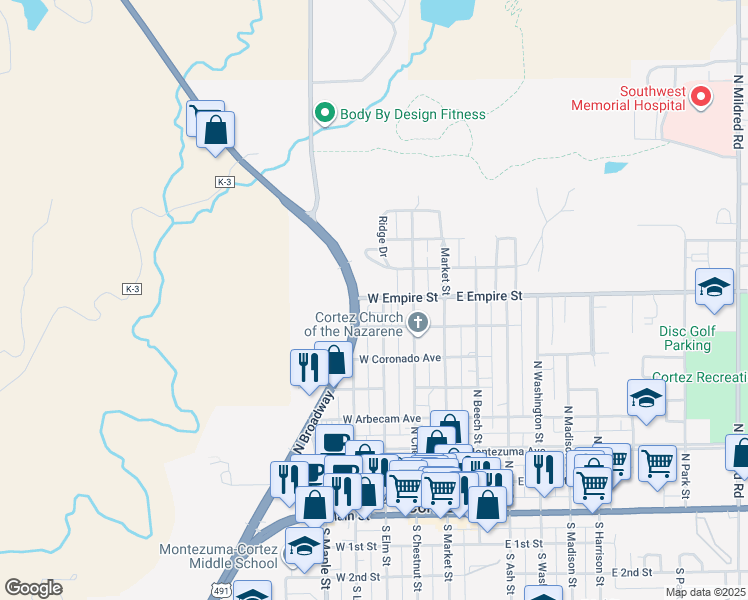 map of restaurants, bars, coffee shops, grocery stores, and more near 201 West Empire Street in Cortez