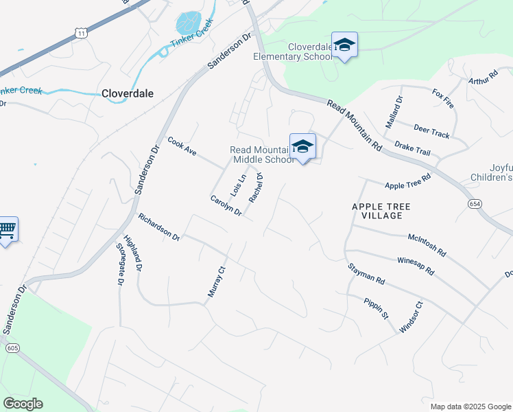 map of restaurants, bars, coffee shops, grocery stores, and more near 50 Rachel Drive in Roanoke