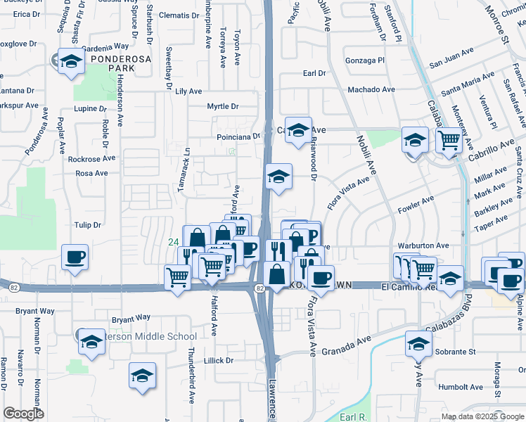 map of restaurants, bars, coffee shops, grocery stores, and more near 3688 Buckley Street in Santa Clara