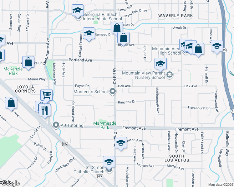 map of restaurants, bars, coffee shops, grocery stores, and more near 1465 Grant Road in Los Altos