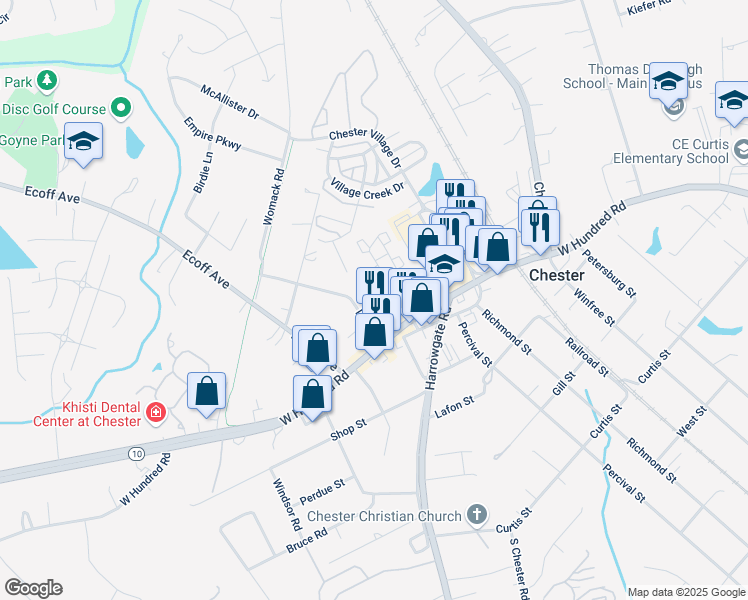 map of restaurants, bars, coffee shops, grocery stores, and more near 4516 Lee Street in Chester