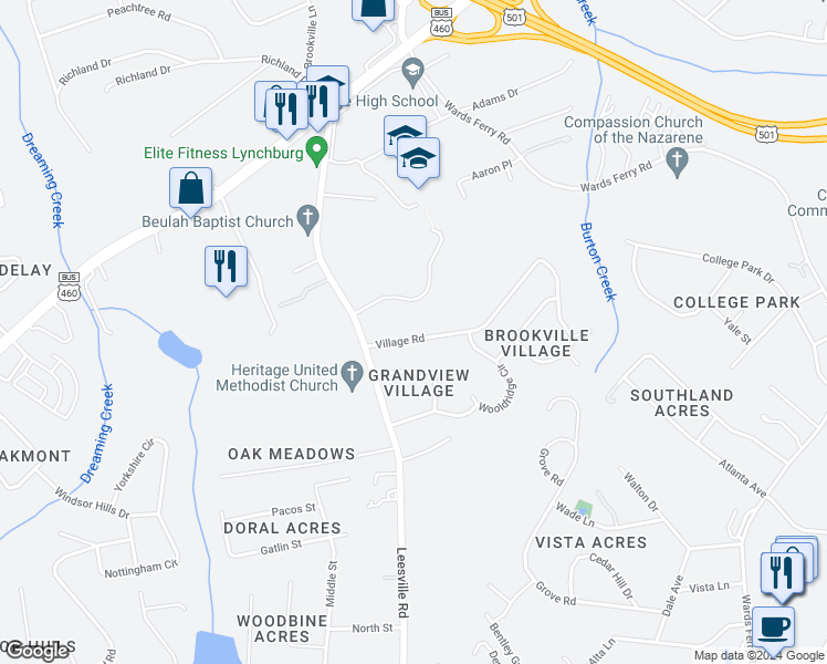 map of restaurants, bars, coffee shops, grocery stores, and more near 57 Village Road in Lynchburg