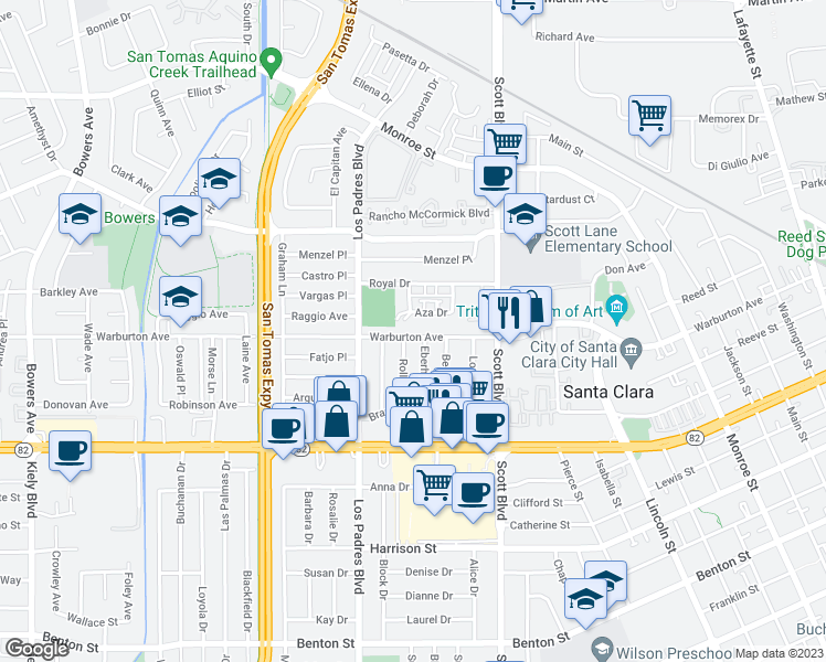 map of restaurants, bars, coffee shops, grocery stores, and more near 2173 Warburton Avenue in Santa Clara