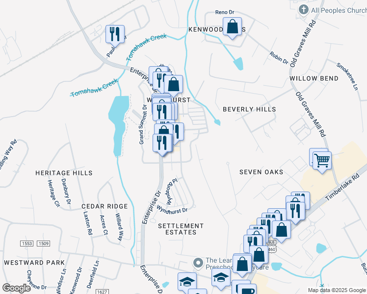 map of restaurants, bars, coffee shops, grocery stores, and more near 509 Wyndhurst Drive in Lynchburg