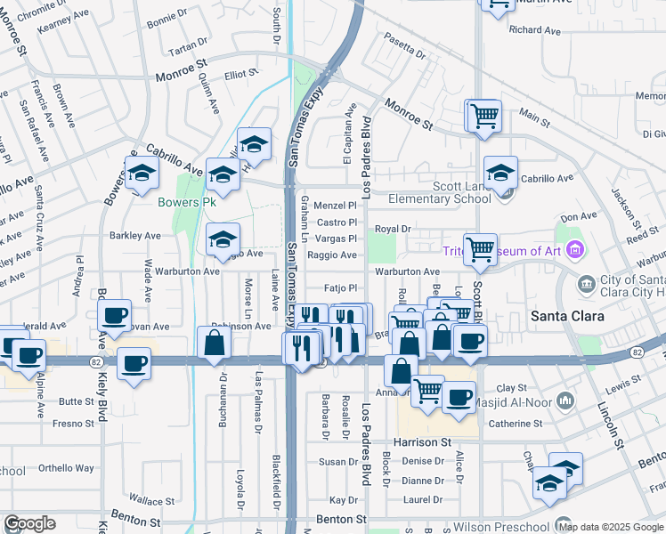 map of restaurants, bars, coffee shops, grocery stores, and more near 2353 Warburton Avenue in Santa Clara