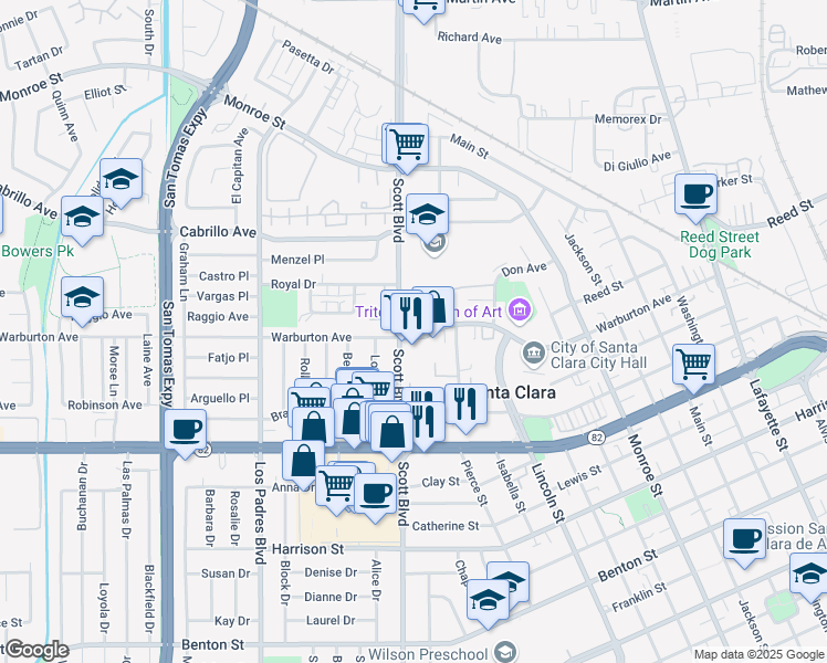 map of restaurants, bars, coffee shops, grocery stores, and more near 1995 Warburton Avenue in Santa Clara