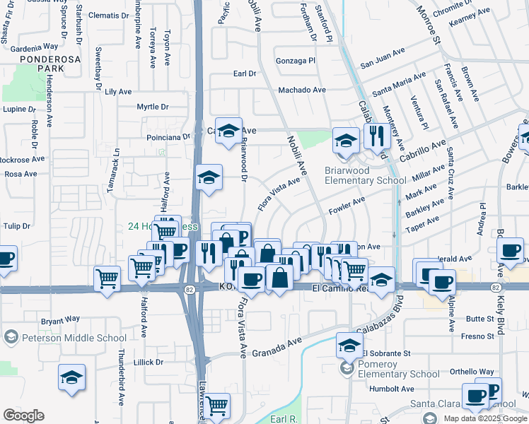 map of restaurants, bars, coffee shops, grocery stores, and more near 3470 Flora Vista Avenue in Santa Clara