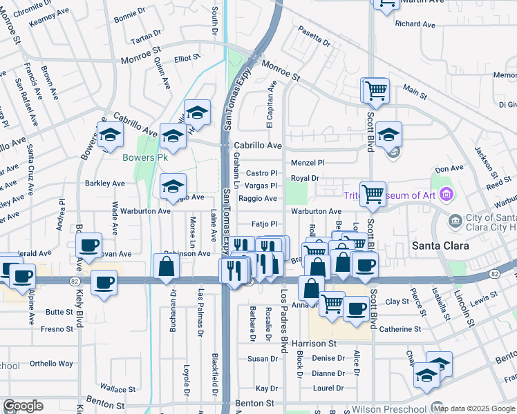 map of restaurants, bars, coffee shops, grocery stores, and more near 2353 Warburton Avenue in Santa Clara