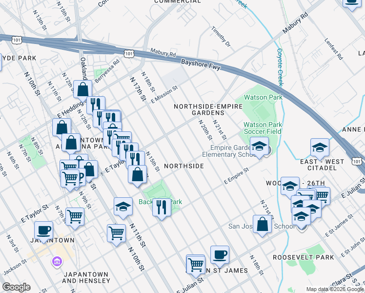 map of restaurants, bars, coffee shops, grocery stores, and more near 651 N 18th St in San Jose