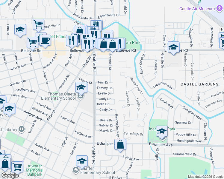 map of restaurants, bars, coffee shops, grocery stores, and more near 380 Tammy Drive in City of Atwater