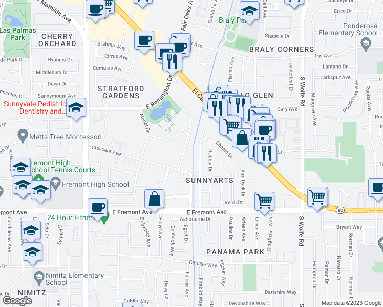 map of restaurants, bars, coffee shops, grocery stores, and more near 1046 Michelangelo Drive in Sunnyvale
