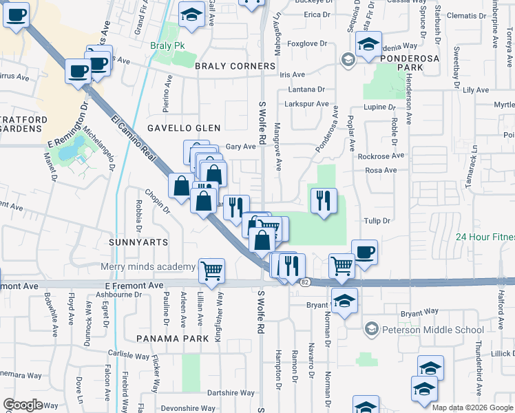 map of restaurants, bars, coffee shops, grocery stores, and more near 1001 South Wolfe Road in Sunnyvale