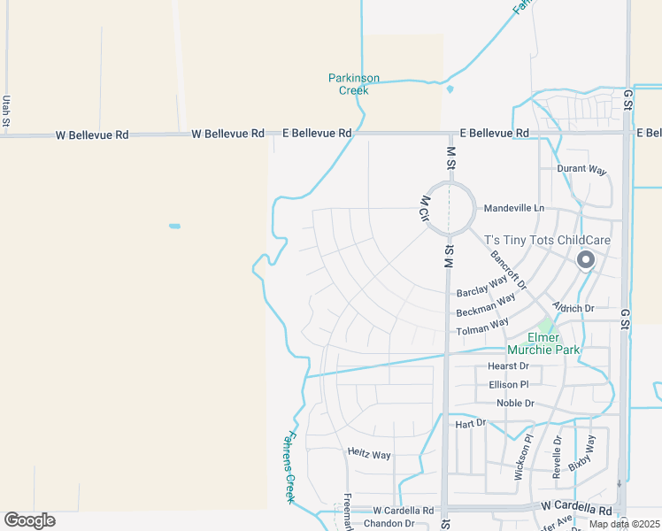 map of restaurants, bars, coffee shops, grocery stores, and more near 4671 Irma Drive in Merced