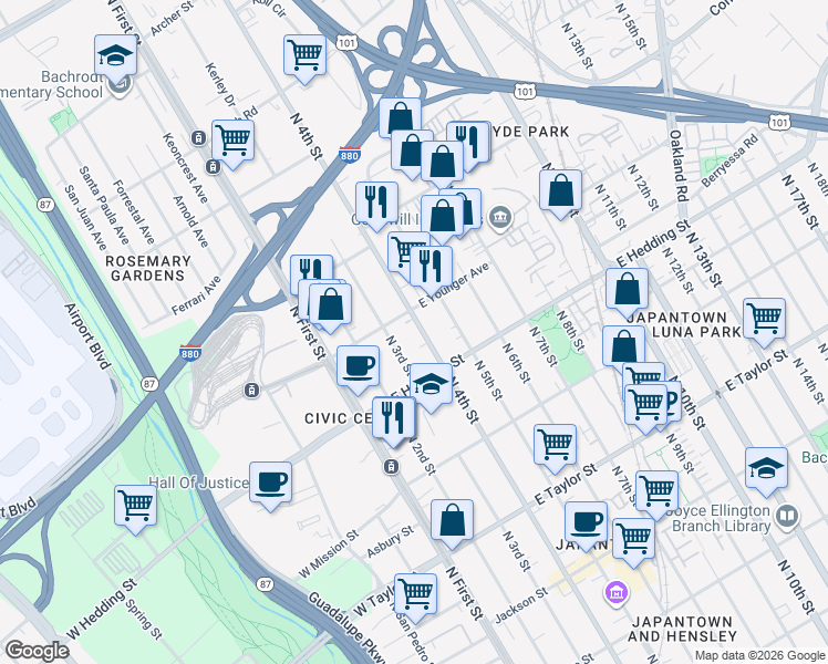 map of restaurants, bars, coffee shops, grocery stores, and more near 120 East Younger Avenue in San Jose