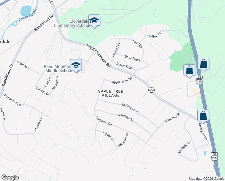 map of restaurants, bars, coffee shops, grocery stores, and more near 95 Grimes Street in Roanoke