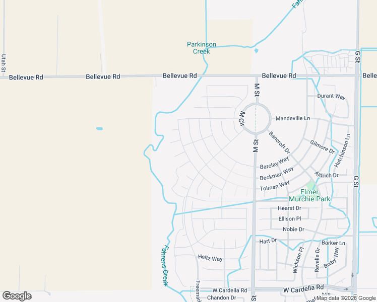 map of restaurants, bars, coffee shops, grocery stores, and more near 4671 Irma Drive in Merced