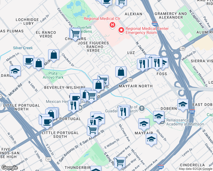 map of restaurants, bars, coffee shops, grocery stores, and more near in San Jose