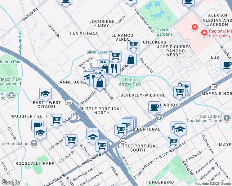 map of restaurants, bars, coffee shops, grocery stores, and more near 1675 East Saint James Street in San Jose